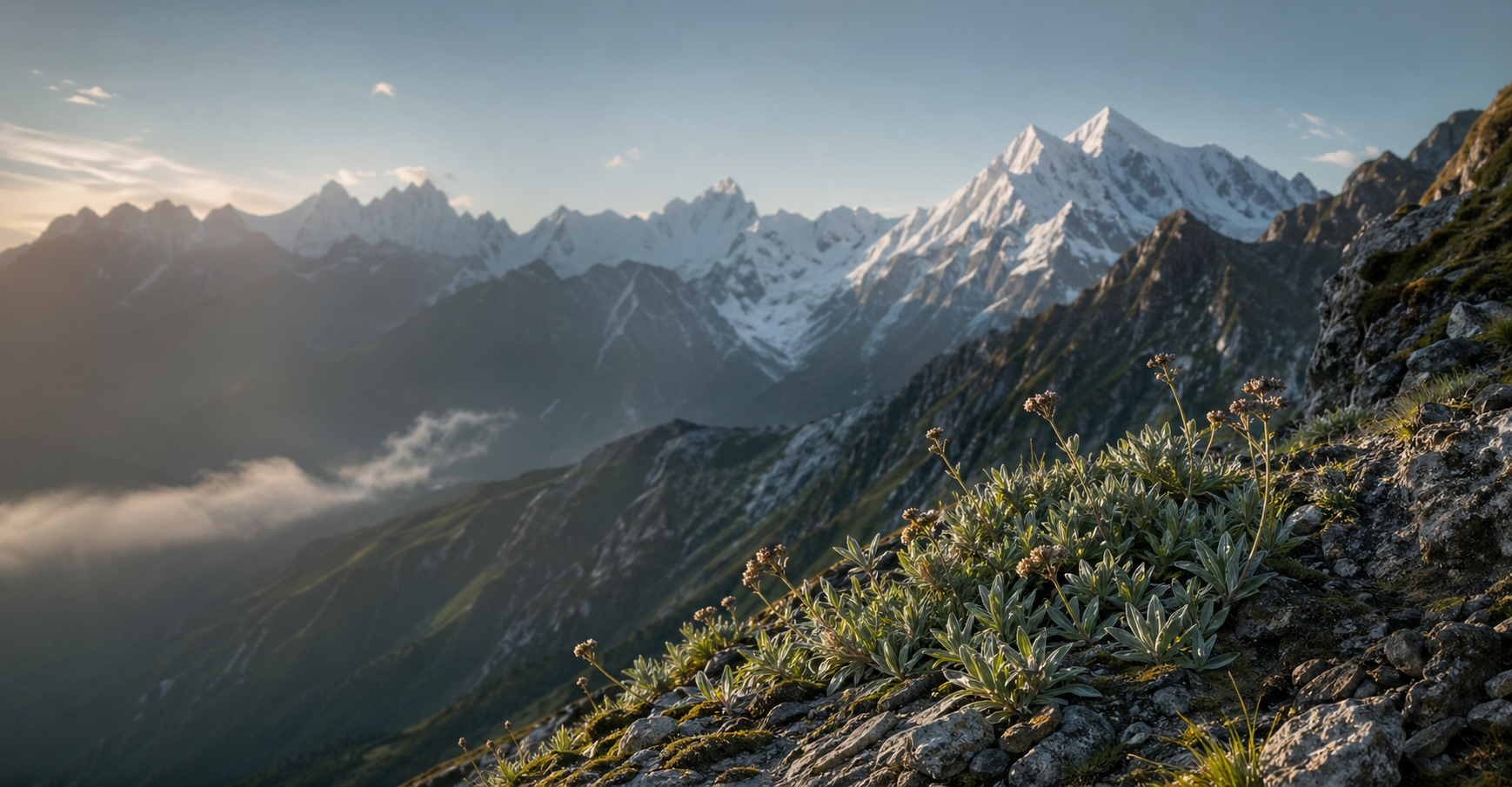 Himalaya-inspirierte Hochgebirgslandschaft mit botanischen Details im Morgenlicht